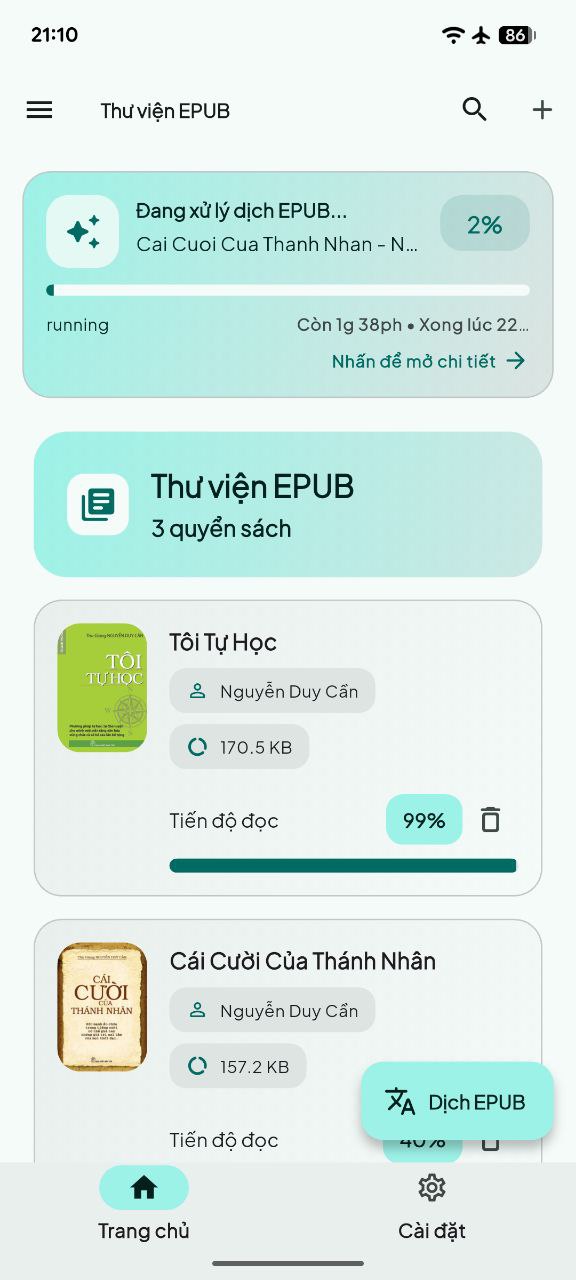 EPUB Translator home library screen